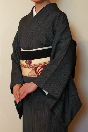 よろけ縞小紋・橘柄摺型友禅名古屋帯で、日本舞踊の稽古へ - fumiko